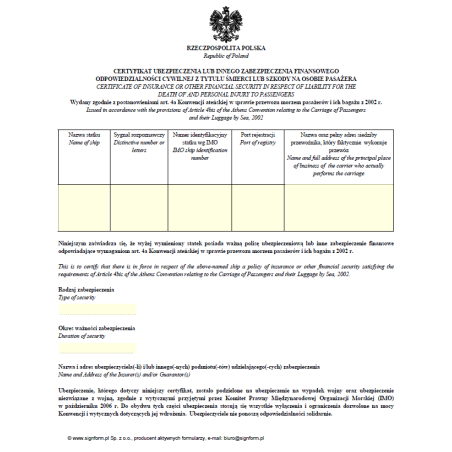 Certyfikat ubezpieczenia lub innego zabezpieczenia finansowego odpowiedzialności cywilnej z tytułu śmierci lub szkody na osobie pasażera