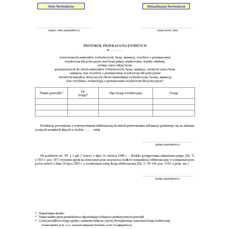 Protokół przekazania ewidencji wytworzonych materiałów wybuchowych, broni, amunicji, wyrobów o przeznaczeniu wojskowym lub policyjnym oraz broni palnej oznakowanej i każdej odrębnej, istotnej części takiej broni