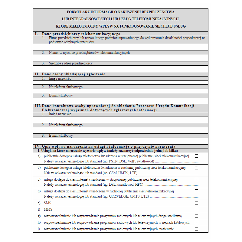 Formularz informacji o naruszeniu bezpieczeństwa lub integralności sieci lub usług telekomunikacyjnych, które miało istotny wpływ na funkcjonowanie sieci lub usług