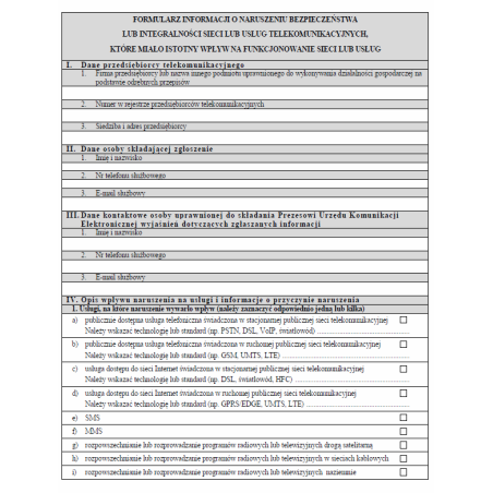 Formularz informacji o naruszeniu bezpieczeństwa lub integralności sieci lub usług telekomunikacyjnych, które miało istotny wpływ na funkcjonowanie sieci lub usług