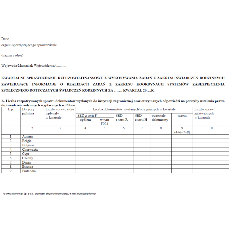 Kwartalne sprawozdanie rzeczowo-finansowe z wykonania zadań z zakresu świadczeń rodzinnych zawierające informacje o realizacji zadań z zakresu koordynacji systemów zabezpieczenia społecznego dotyczących świadczeń rodzinnych