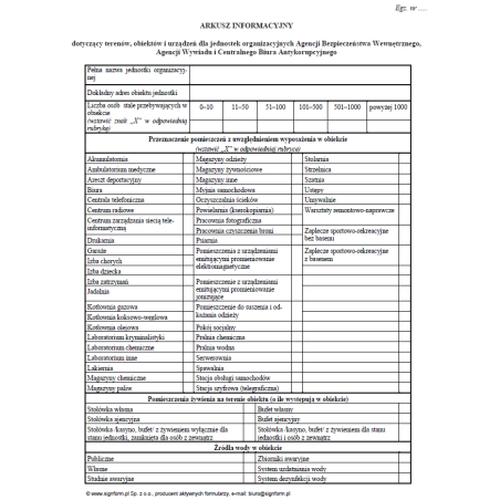 Arkusz informacyjny dotyczący terenów, obiektów i urządzeń dla jednostek organizacyjnych Agencji Bezpieczeństwa Wewnętrznego, Agencji Wywiadu i Centralnego Biura Antykorupcyjnego