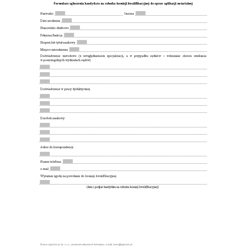 Formularz zgłoszenia kandydata na członka komisji kwalifikacyjnej do spraw aplikacji notarialnej