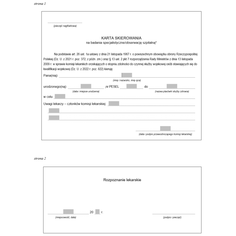 Karta skierowania na badania specjalistyczne/obserwację szpitalną osób stawiających się do kwalifikacji wojskowej