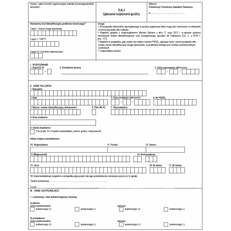 ZLK-2 Zgłoszenie rozpoznania gruźlicy