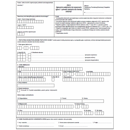 ZLK-5 Zgłoszenie podejrzenia lub rozpoznania zgonu z powodu zakażenia lub choroby zakaźnej
