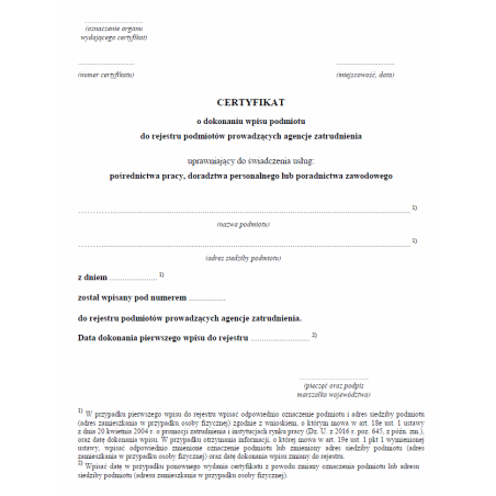 Certyfikat o dokonaniu wpisu podmiotu do rejestru podmiotów prowadzących agencje zatrudnienia