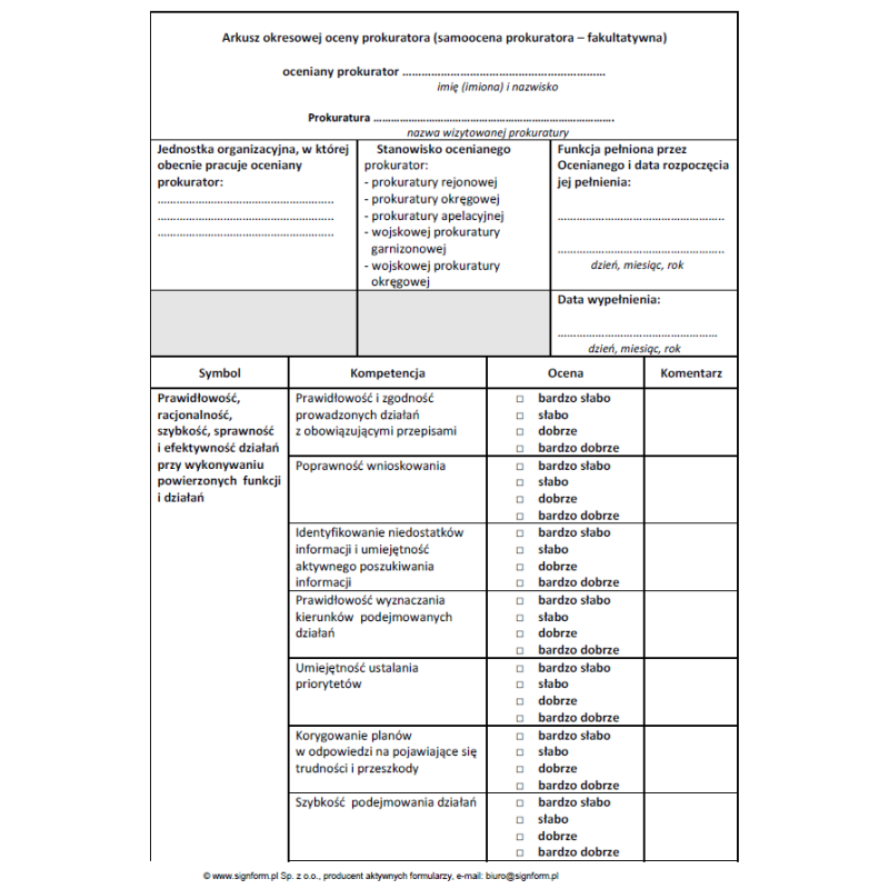 Arkusz okresowej oceny prokuratora (samoocena prokuratora - fakultatywna)