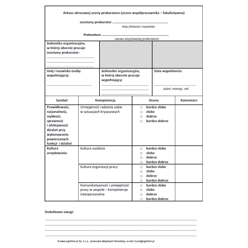 Arkusz okresowej oceny prokuratora (ocena współpracownika - fakultatywna)