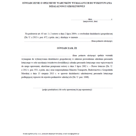 Oświadczenie o spełnieniu warunków wymaganych do wykonywania działalności szkoleniowej personelu lotniczego