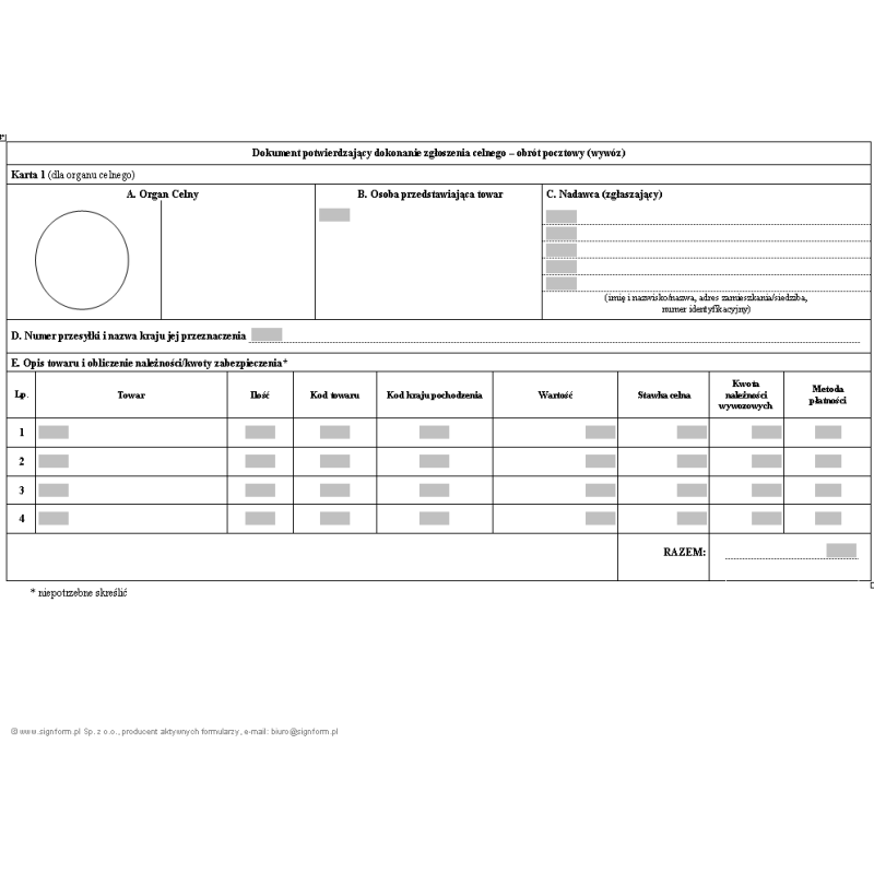 Dokument potwierdzający dokonanie zgłoszenia celnego - obrót pocztowy (wywóz)