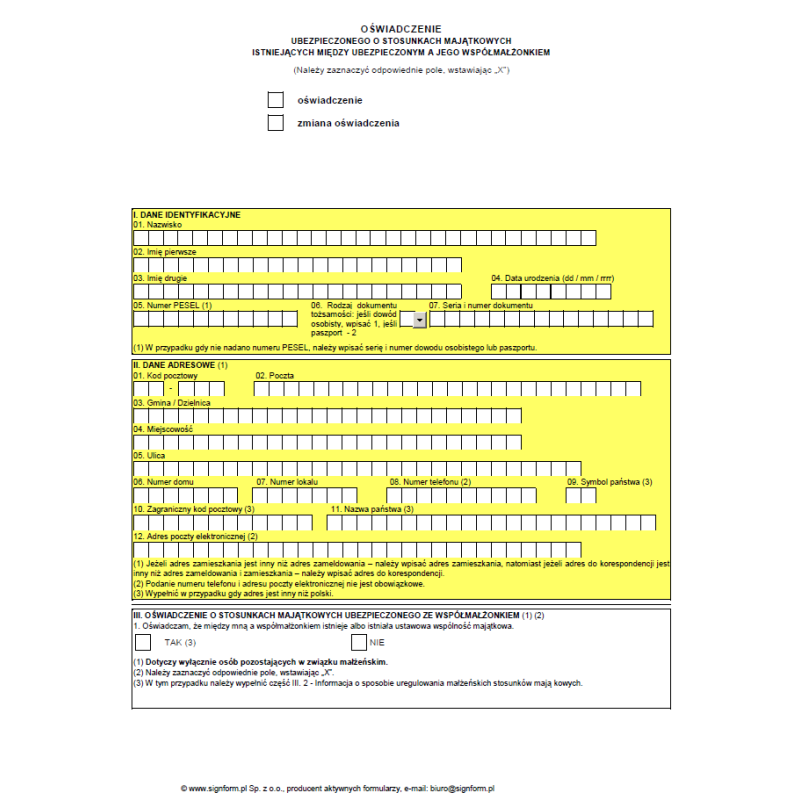 Oświadczenie ubezpieczonego o stosunkach majątkowych istniejących między ubezpieczonym a jego współmałżonkiem