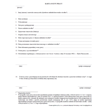 Karta oceny pracy nauczyciela zakładów poprawczych, schronisk dla nieletnich oraz rodzinnych ośrodków diagnostyczno-konsultacyjnych