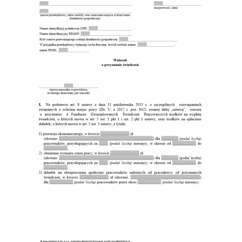 Wniosek o przyznanie świadczeń z Funduszu Gwarantowanych Świadczeń pracowniczych z tytułu przestoju ekonomicznego, obniżenia wymiaru czasu pracy, składek na ubezpieczenia społeczne pracowników należnych od pracodawcy