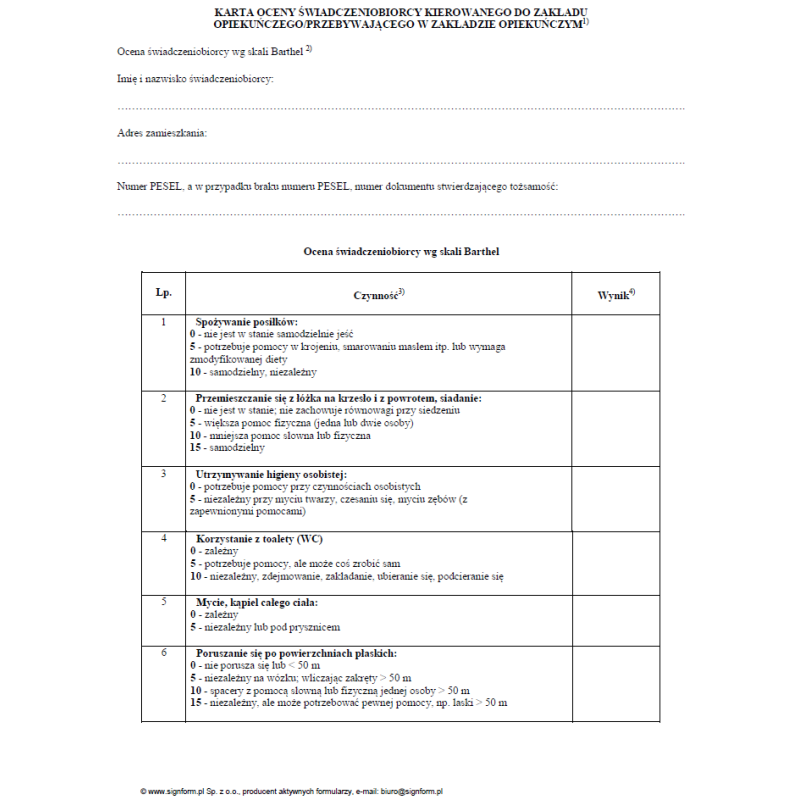 Karta oceny świadczeniobiorcy kierowanego do Zakładu Opiekuńczego/przebywającego w Zakładzie Opiekuńczym