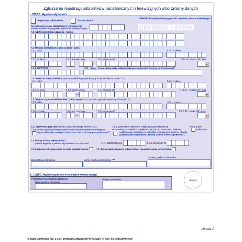 Zgłoszenie rejestracji odbiorników radiofonicznych i telewizyjnych albo zmiany danych