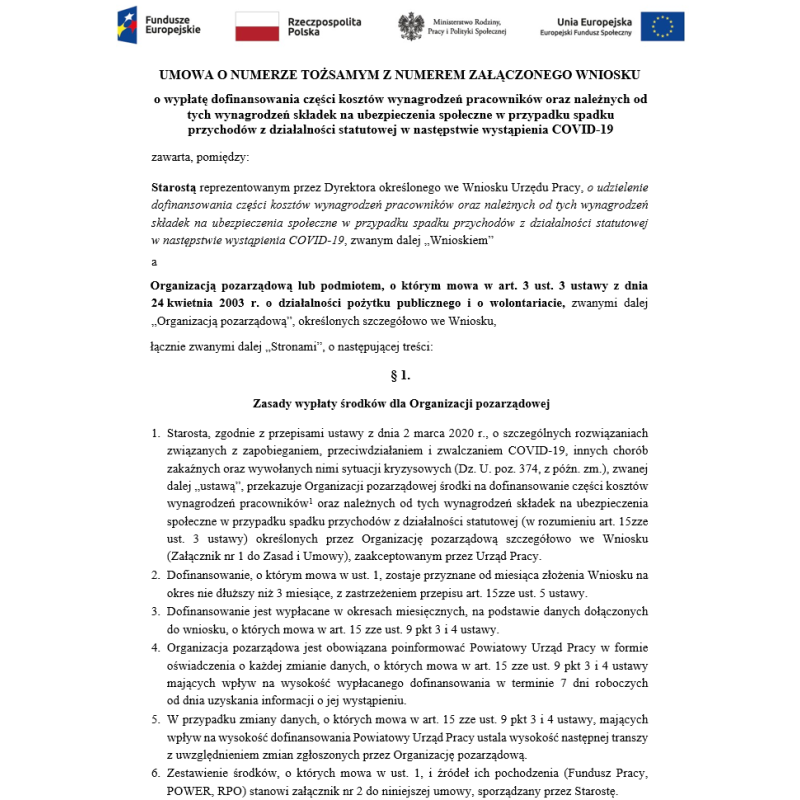 Umowa o numerze tożsamym z numerem załączonego wniosku o wypłatę dofinansowania części kosztów wynagrodzeń pracowników oraz należnych od tych wynagrodzeń składek na ubezpieczenia społeczne w przypadku spadku przychodów z działalności statutowej