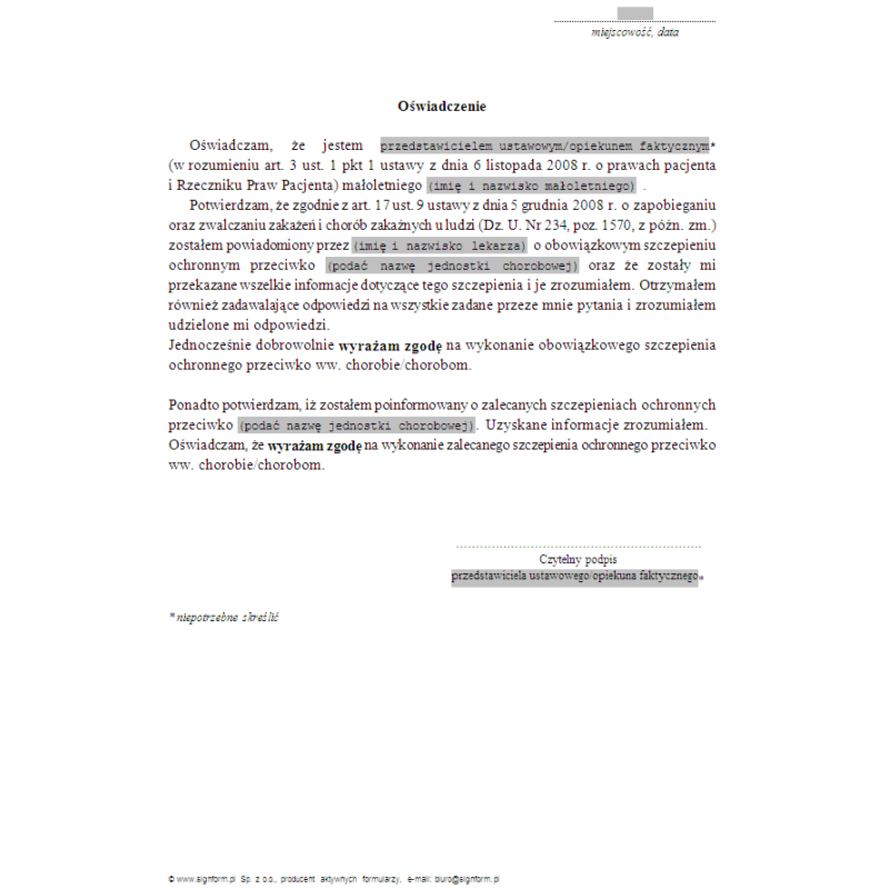 Oświadczenie potwierdzające powiadomienie i poinformowanie o obowiązkowym i zalecanym szczepieniu ochronnym oraz wyrażenie na nie zgody