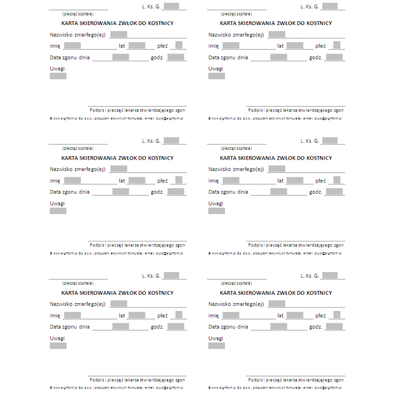 Karta skierowania zwłok do kostnicy