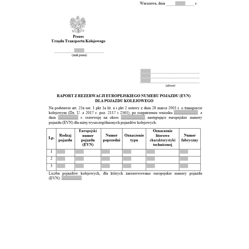 Raport z rezerwacji europejskiego numeru pojazdu (EVN) dla pojazdu kolejowego