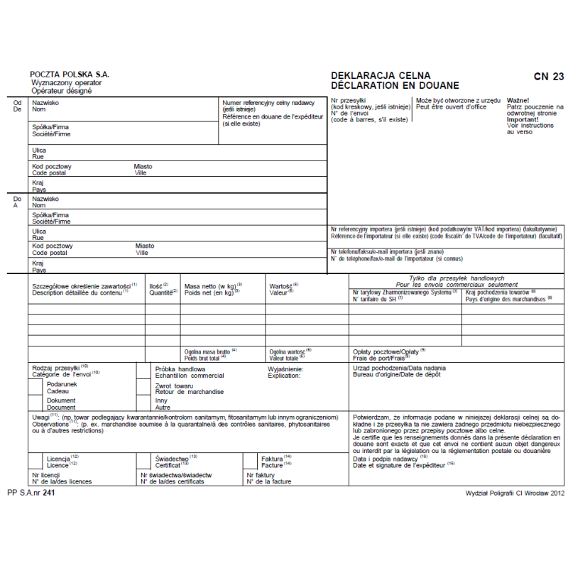 Deklaracja celna CN 23