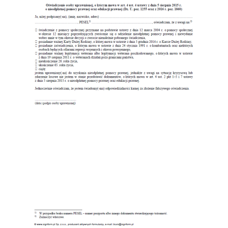 Oświadczenie osoby uprawnionej, o którym mowa w art. 4 ust. 4 ustawy z dnia 5 sierpnia 2015 r. o nieodpłatnej pomocy prawnej oraz edukacji prawnej