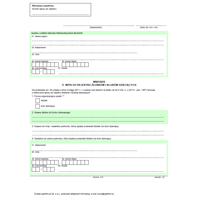 Wniosek o wpis do rejestru żłobków i klubów dziecięcych