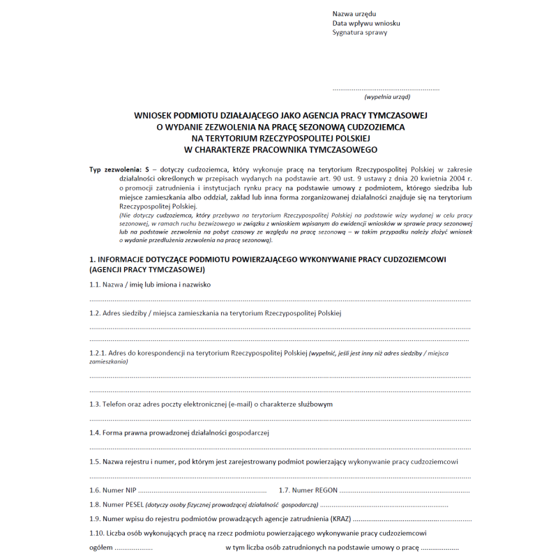 Wniosek podmiotu działającego jako agencja pracy tymczasowej o wydanie zezwolenia na pracę sezonową cudzoziemca na terytorium Rzeczypospolitej Polskiej w charakterze pracownika tymczasowego