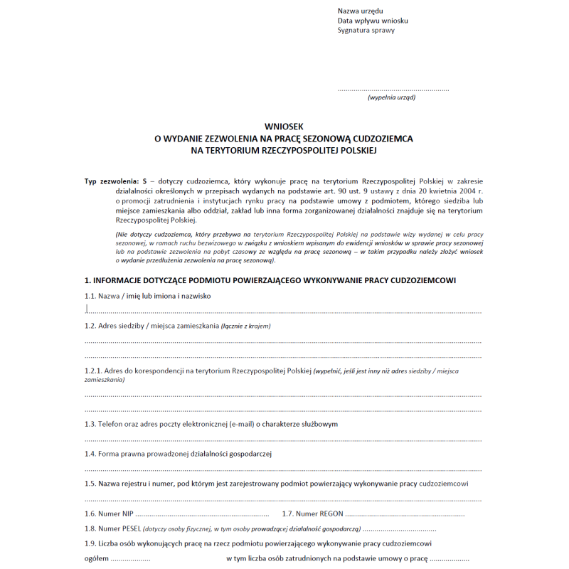 Wniosek o wydanie zezwolenia na pracę sezonową cudzoziemca na terytorium Rzeczypospolitej Polskiej