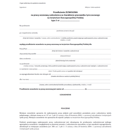 Przedłużenie Zezwolenie typ S na pracę sezonową cudzoziemca w charakterze pracownika tymczasowego na terytorium Rzeczypospolitej Polskiej