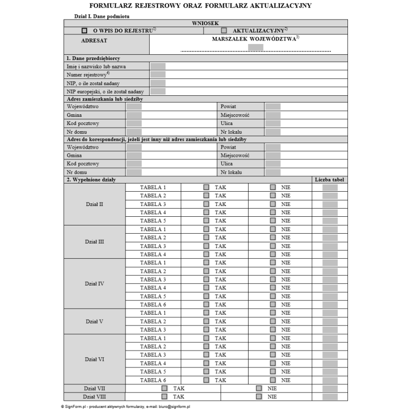 Formularz rejestrowy oraz formularz aktualizacyjny dotyczący produktów, opakowań oraz gospodarki odpadami