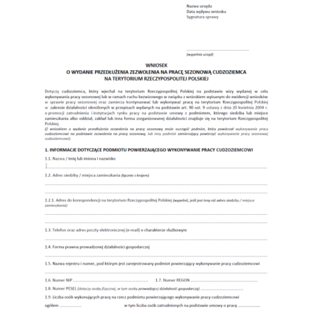 Wniosek o wydanie przedłużenia zezwolenia na pracę sezonową cudzoziemca na terytorium Rzeczypospolitej Polskiej