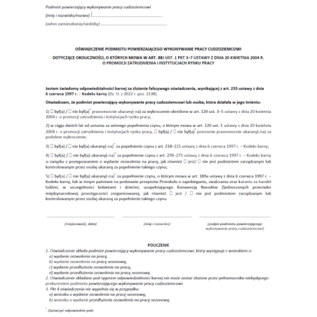 Oświadczenie podmiotu powierzającego wykonywanie pracy cudzoziemcowi dotyczące okoliczności, o których mowa w art. 88j ust. 1 pkt 3-7 ustawy z dnia 20 kwietnia 2004 r. o promocji zatrudnienia i instytucjach rynku pracy