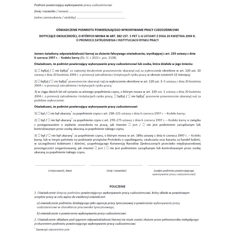 Oświadczenie podmiotu powierzającego wykonywanie pracy cudzoziemcowi dotyczące okoliczności, o których mowa w art. 88z ust. 5 pkt 1-6 ustawy z dnia 20 kwietnia 2004 r. o promocji zatrudnienia i instytucjach rynku pracy