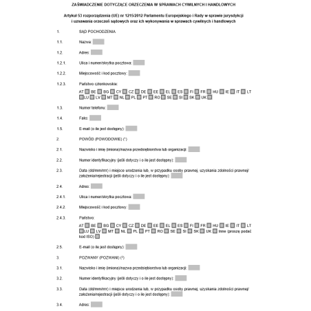 Zaświadczenie dotyczące orzeczenia w sprawach cywilnych i handlowych