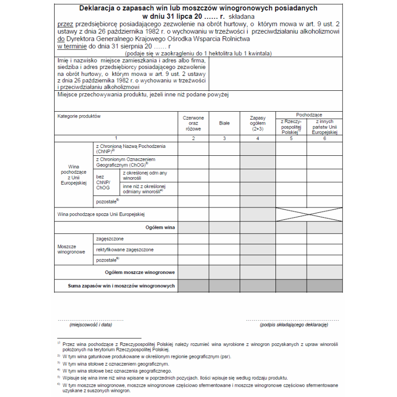 Deklaracja o zapasach win lub moszczów winogronowych składana przez przedsiębiorcę posiadającego zezwolenie na obrót hurtowy