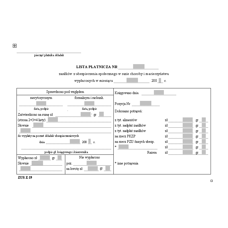 ZUS Z-19 Lista płatnicza zasiłków z ubezpieczenia społecznego w razie choroby i macierzyństwa