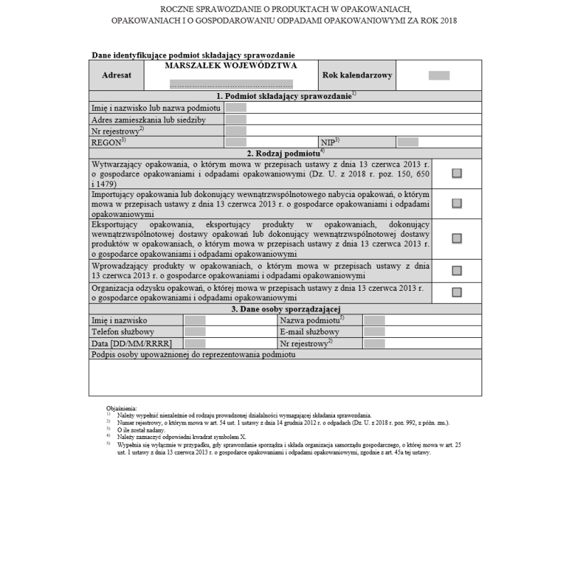 Roczne sprawozdanie o produktach w opakowaniach, opakowaniach i o gospodarowaniu odpadami opakowaniowymi za rok 2018