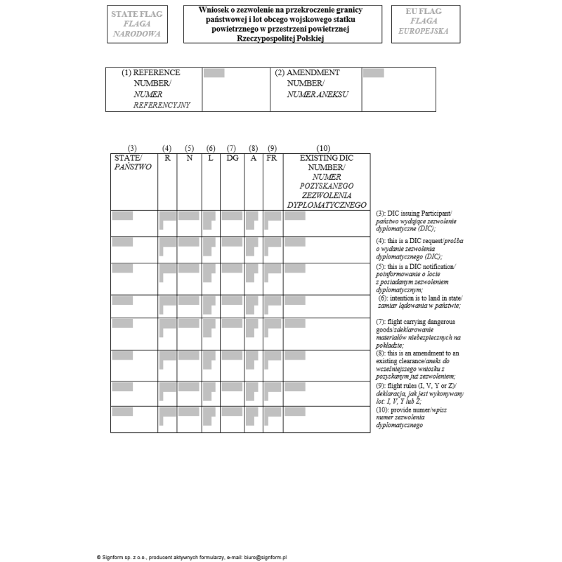 Wniosek o zezwolenie na przekroczenie granicy państwowej i lot obcego wojskowego statku powietrznego w przestrzeni powietrznej Rzeczypospolitej Polskiej