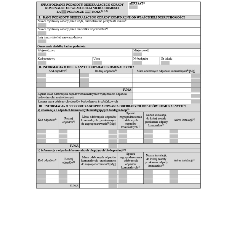 Sprawozdanie półroczne sporządzane przez podmiot odbierający odpady komunalne od właścicieli nieruchomości