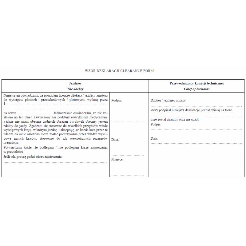 Wzór deklaracji Clearance Form