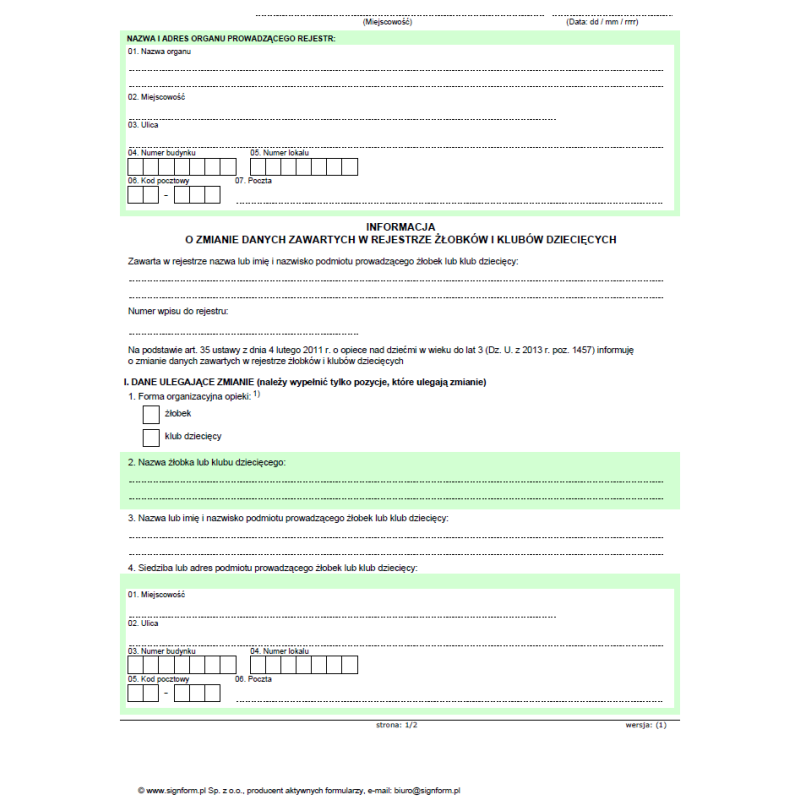 Informacja o zmianie danych zawartych w rejestrze żłobków i klubów dziecięcych