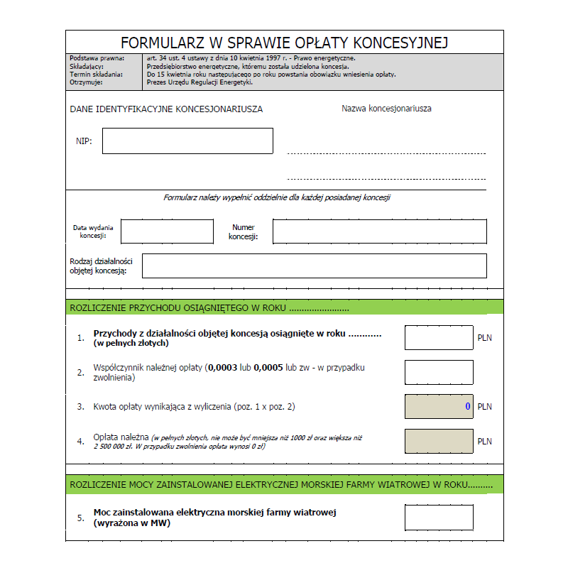 Formularz w sprawie opłaty koncesyjnej