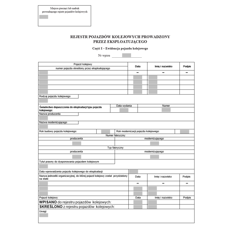 Rejestr pojazdów kolejowych prowadzony przez eksploatującego