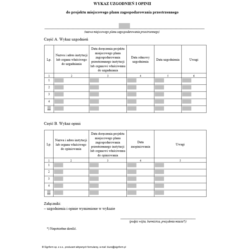 Wykaz uzgodnień i opinii do projektu miejscowego planu zagospodarowania przestrzennego