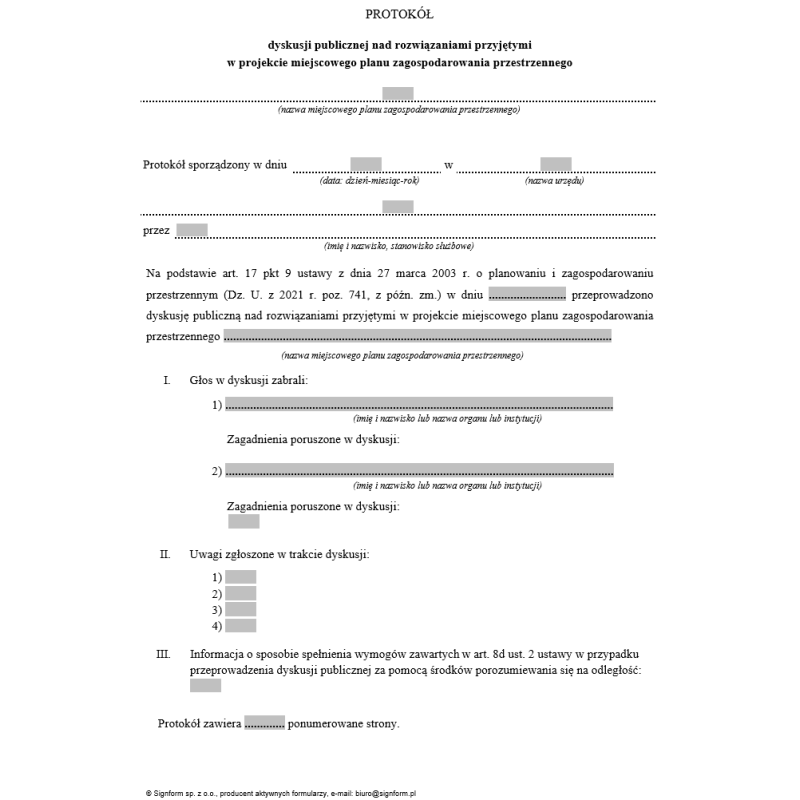 Protokół dyskusji publicznej nad rozwiązaniami przyjętymi w projekcie miejscowego planu zagospodarowania przestrzennego
