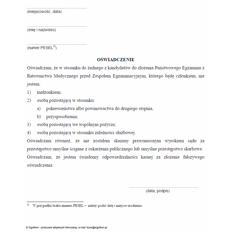 Oświadczenie członka zespołu egzaminacyjnego, o którym mowa w art. 10c ust. 9 ustawy z dnia 8 września 2006 r. o państwowym ratownictwie medycznym