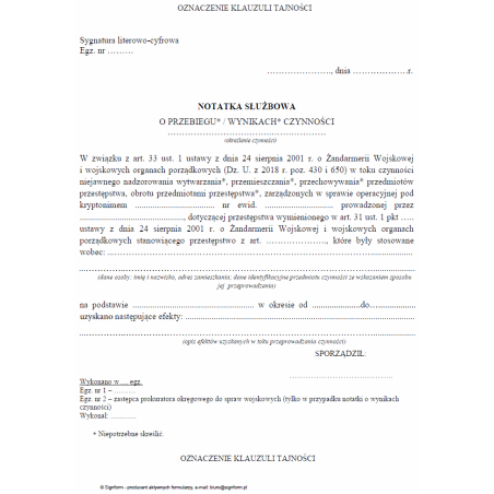 Notatka służbowa Żandarmerii Wojskowej o przebiegu  wynikach czynności niejawnego nadzorowania wytwarzania, przemieszczania, przechowywania i obrotu przedmiotami przestępstwa