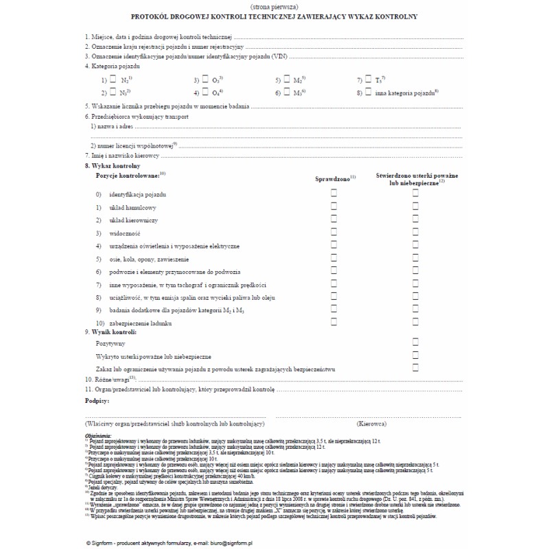 Protokół drogowej kontroli technicznej zawierający wykaz kontrolny