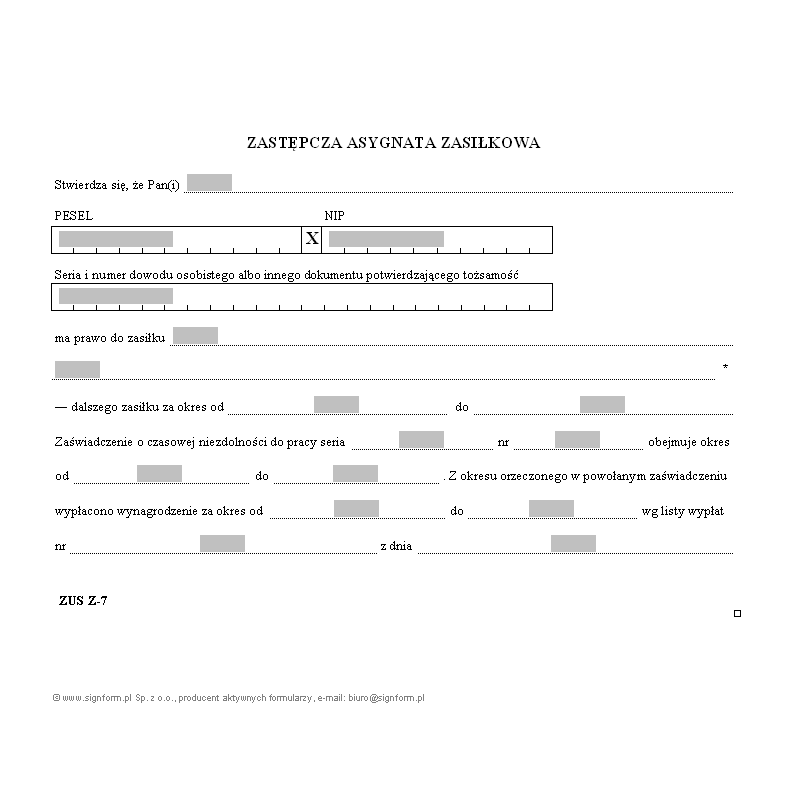 ZUS Z-7  Zastępcza asygnata zasiłkowa